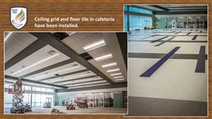 ceiling grid and floor tile in cafeteria